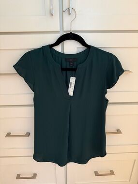 J Crew Cap-Sleeve Split-Neck Blouse - Hunter/Dark Green